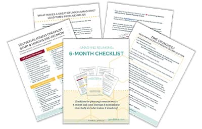 Overview of 5 pages from our 6-month reunion planning checklist
