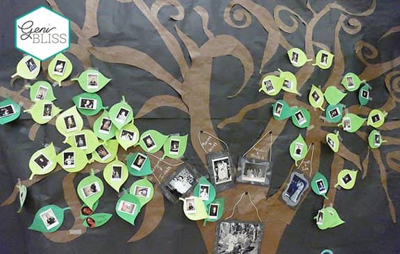 paper tree on wall with leaves have photos of each ancestor on appropriate branch