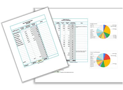 two images of spreadsheet for logging and managing reunion expenses complete with pie charts. Budgets, income, and expense tracking included.