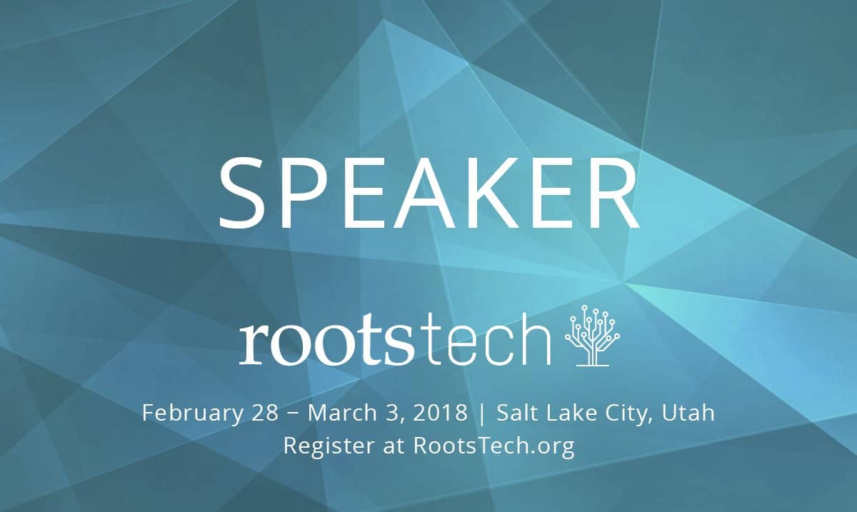 Aqua geometric shapes RootTech 2018 speaker badge