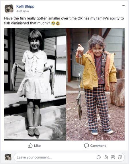 facebook post picture split vertically showing two similar poses many decades apart both young girls holding the fish they caught