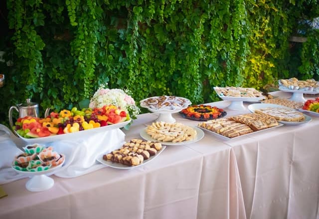 long table with buffet of fruit and desserts with green vine background